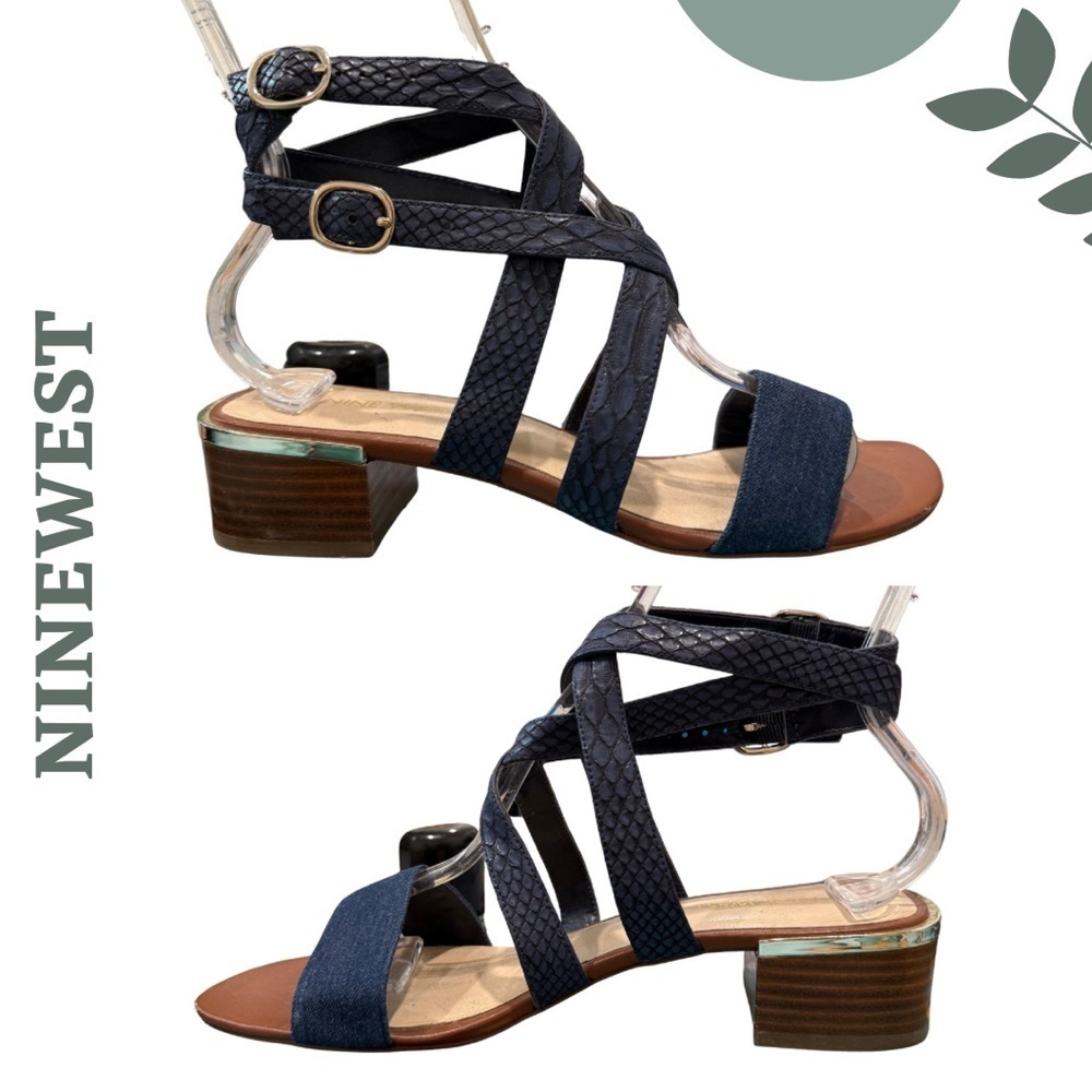 Nine West Navy Faux Snakeskin & Denim Block Heel Sandals | Size 7.5